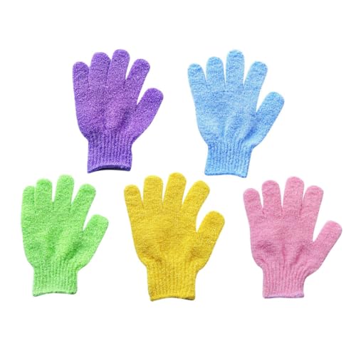 BAZEITFLOW 5 Paare Peelinghandschuhe Duschhandschuhe Fünf Finger Badehandschuhe Exfoliating Scrub Gloves für Männer und Frauen Dehnbar Beidseitig Verwendbar Sanfte Hautreinigung und Massage von BAZEITFLOW