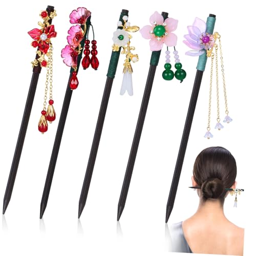 BAZEITFLOW 5 Stück Vintage Chinesische Haarnadeln mit Quaste Teiliges Handgefertigte Haarstäbchen für Dutt und Hochzeitsfrisuren Stabiles Design Eleganter Blumenstil Haarschmuck für Frauen von BAZEITFLOW
