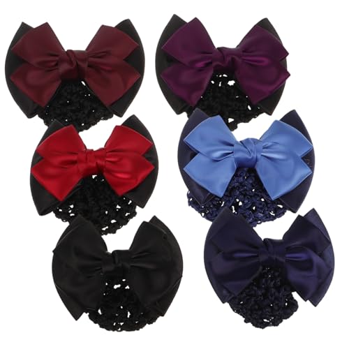 BAZEITFLOW 6 Stück Professionelles Teiliges Haarnetz mit Elastischem Dutt Schleifen Haarnetz und Haarklammer Elastisch Rot Blau Weinrot Dunkelviolett Hellblau für Damen Büro Party Alltag von BAZEITFLOW