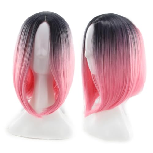 BAZEITFLOW Damen Perücke Bob Gradient Farbe Synthetische Haarperücke Kurz Gerade Hochtemperatur Cosplay Wig Gradient Atmungsaktiv Wiederverwendbar für Kostüm Alltag und Besondere Anlässe von BAZEITFLOW