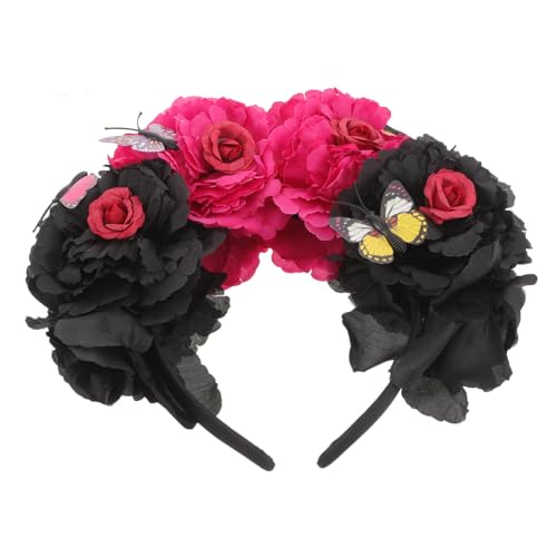 BAZEITFLOW Halloween Haarschmuck Damen Rotes Schwarz Blumen Stirnband mit Schmetterling Leichtes Party Haarband für Frau Festlicher Kopfschmuck mit Dichtem Blüten Design Rutschfest und Sicher von BAZEITFLOW