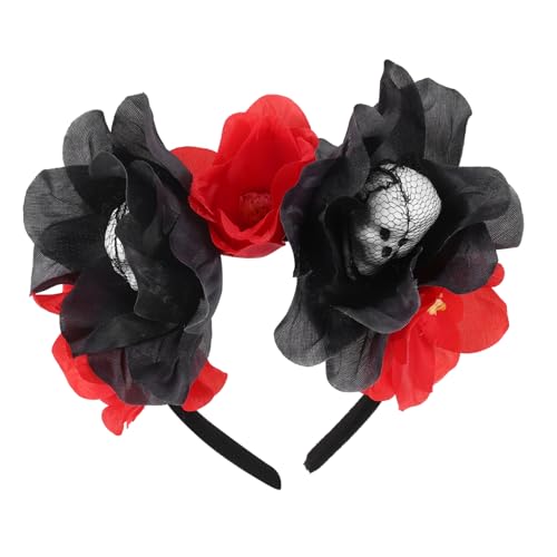 BAZEITFLOW Halloween Schädel Haarreif mit Künstlichen Blumen Stilvoller Kopfschmuck für Halloween Partys Bequemes Stoffmaterial Einzigartiges Design Schwarz Rot von BAZEITFLOW