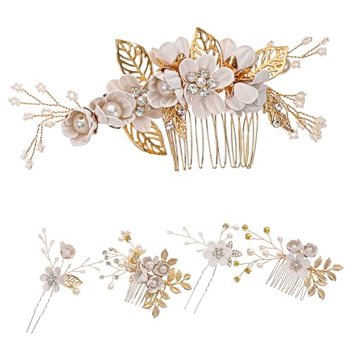 BAZEITFLOW Handgefertigtes Braut Haarschmuck Teilig mit Perlen und Blüten Eleganter Haarkamm und Haarnadeln für Damen und Mädchen für Hochzeitsfrisuren und Festliche Anlässe von BAZEITFLOW