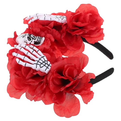BAZEITFLOW Rotes Halloween Haarband mit Skelett Hand und Blumen Leichtes Stirnband mit Handknochen Design Komfortables Party Accessoire für Gruselige Kostüme und Halloween Feiern von BAZEITFLOW