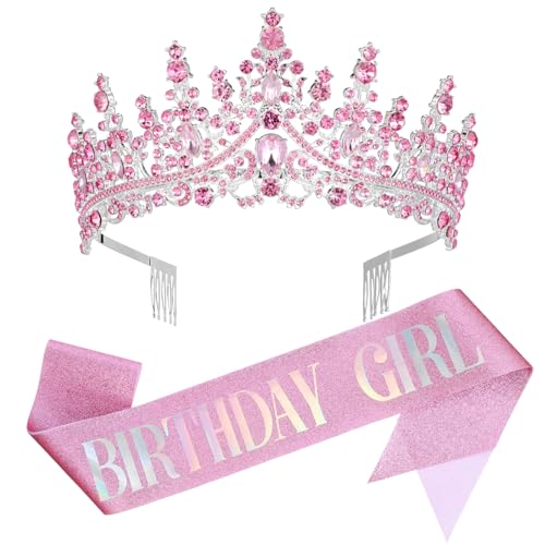 BAZEITFLOW Verstellbare Geburtstags Schärpe und Kristallkrone mit Funkelnden Strasssteinen Silber Pinker Prinzessin Tiara für Mädchen Festliche Geburtstagsdeko für Fotoshootings und Feiern von BAZEITFLOW