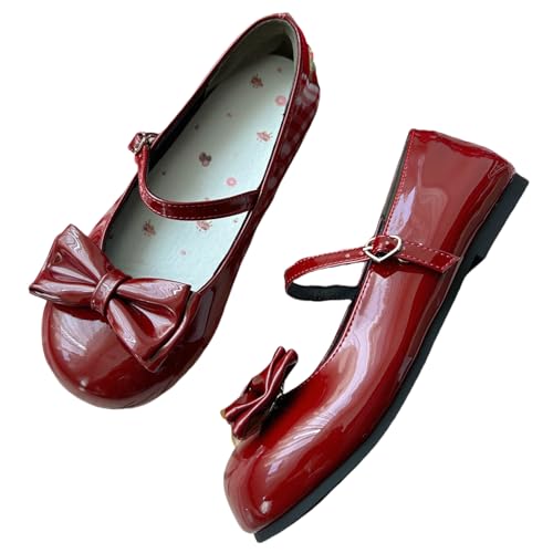 BEROBELLO Damen Lolita Schuhe Niedlich Mary Jane Flache Schuhe Bowknot Runde Zehen Party Kleid Schuhe, Glänzendes Weinrot, 38.5 EU von BB BEROBELLO FASHION IS AN ATTITUDE