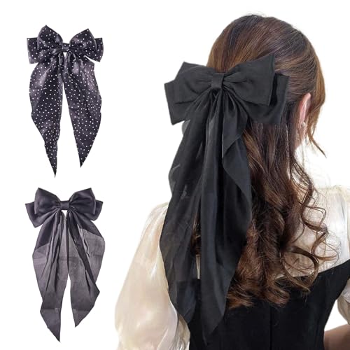 Beadthoven Haarspangen mit großer Schleife, schwarz, gepunktet, Satin, Schleife, lang, seidiger Satin-Schwanz, Haarschmuck mit Metallic-Clip, für Damen und Mädchen, 2 Stück Beadthoven Haarspangen mit großer Schleife, schwarz, gepunktet, Satin, Schleife, lang, seidiger Satin-Schwanz, Haarschmuck mit Metallic-Clip, für Damen und Mädchen, 2 Stück von BB Beadthoven