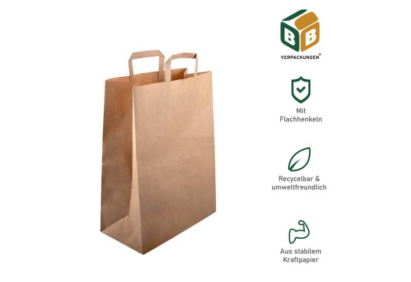 BB-Verpackungen Tragetasche Papiertragetasche mit Griff (3-tlg), Braun, 220 mm + 100 mm x 360 mm, 70 g/m² von BB-Verpackungen