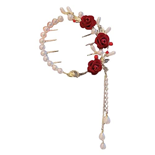 T4I3 Damen-Haarspange, Perlen-Rot, Rosen-Quaste, Haarspange, elegant, modisch, Retro-Clip, goldfarben, Haarschmuck von BBASILIYSD