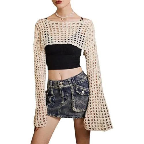 BBAUER Crop-Topfrauen Gestrickte Schnitternte Top Festkolorboot Hals Langarmbluse Hemd Streetwear Streetwear-C-S von BBAUER