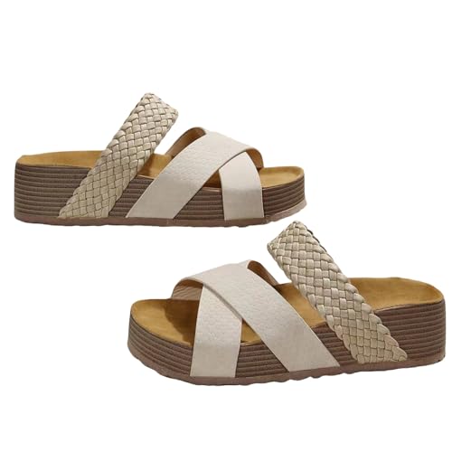 BBAUER Sandalen Damen Kork Flache Sandalen Anti-Rutsch Dicke Sohle Flats Outdoor Hausschuhe Damen Sandalen-Beige-36 von BBAUER