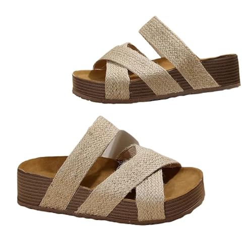 BBAUER Sandalen Damen Kork Flache Sandalen Anti-Rutsch Dicke Sohle Flats Outdoor Hausschuhe Damen Sandalen-Weiss-35 von BBAUER