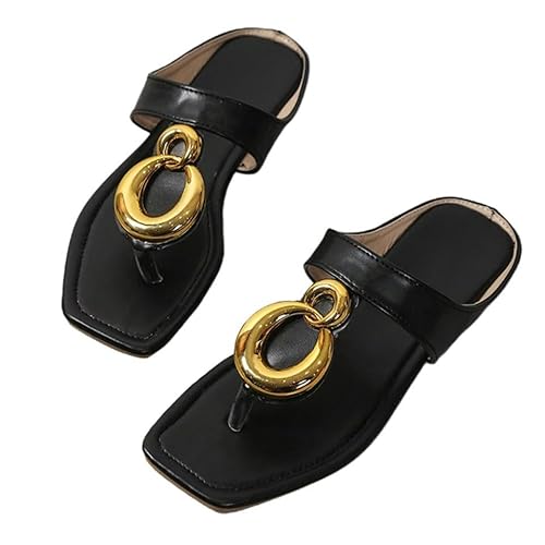 BBAUER Sandalen Damen Sandalen Flip Flop Sandalen Flat Heel Retro Sommer Schuhe Mode Casual Sandalen-Schwarz-37 von BBAUER