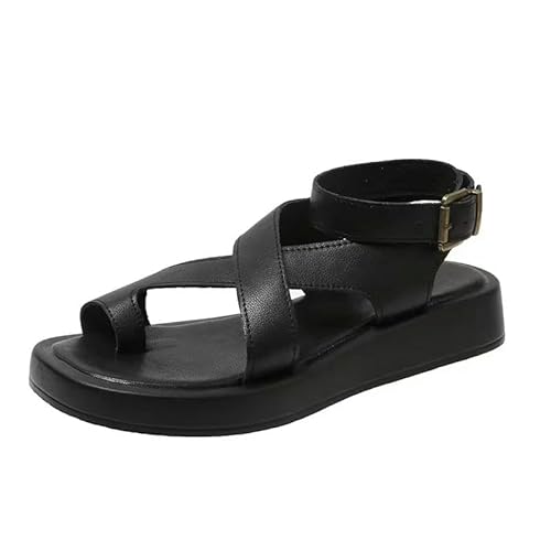 BBAUER Sandalen Damen Sommer Sandalen Leder Damen Sandalen Flache Mode Sandalen Damen Wedges-Schwarz-39 von BBAUER