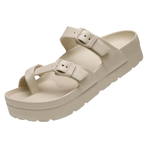 BBAUER Sandalen Dicke Sohle Sandalen Damen Schleife Schuhe Verstellbare Schnalle Hausschuhe Outdoor Strand Hausschuhe-Khaki A-37(23Cm) von BBAUER