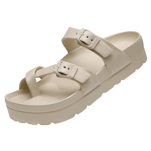 BBAUER Sandalen Dicke Sohle Sandalen Damen Schleife Schuhe Verstellbare Schnalle Hausschuhe Outdoor Strand Hausschuhe-Khaki A-39(24Cm) von BBAUER