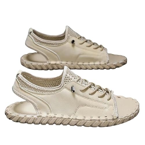 BBAUER Sandalen Herren Sandalen Sommer Hausschuhe Atmungsaktive Strandschuhe Leder Outdoor Wandern Fischer Open Toe Flats-Beige Weiß-41 von BBAUER