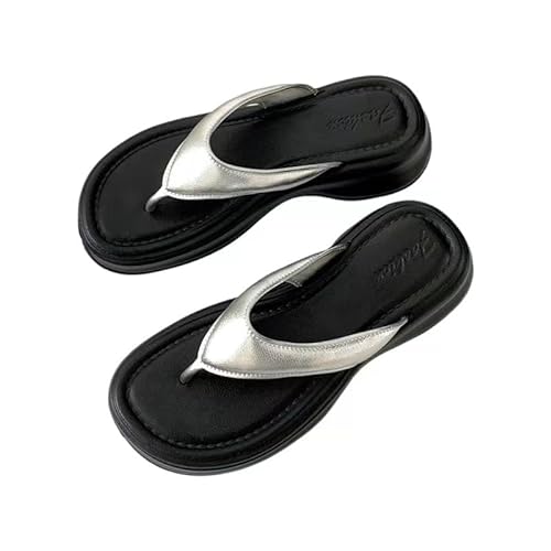 BBAUER Sandalen Sommer Damen Sandalen Mit Dicker Sohle, Lässige Hausschuhe, Damen Pu Riemen Slipper, Flip-Flops-A-Silber-36-37 von BBAUER