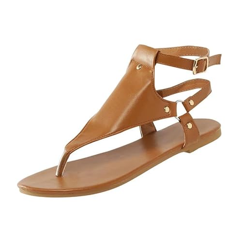 BBAUER Sandalen Sommer Frauen Sandalen Flache Hausschuhe Pu Leder Mode Flip-Flops Gürtel Schnalle Damenschuhe-Braun-43 von BBAUER