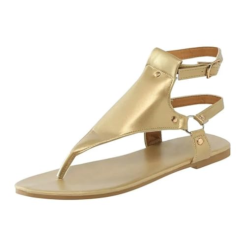 BBAUER Sandalen Sommer Frauen Sandalen Flache Hausschuhe Pu Leder Mode Flip-Flops Gürtel Schnalle Damenschuhe-Gold-35 von BBAUER