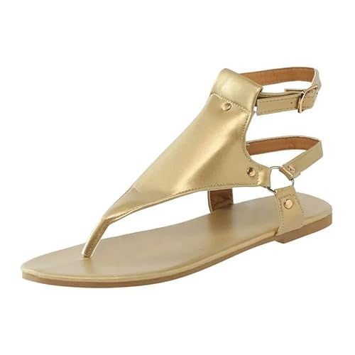 BBAUER Sandalen Sommer Frauen Sandalen Flache Hausschuhe Pu Leder Mode Flip-Flops Gürtel Schnalle Damenschuhe-Gold-38 von BBAUER