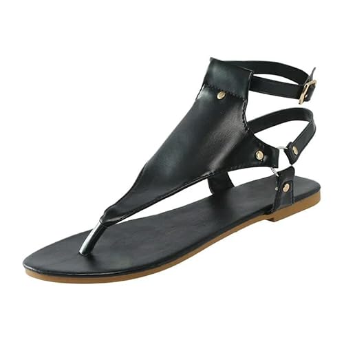 BBAUER Sandalen Sommer Frauen Sandalen Flache Hausschuhe Pu Leder Mode Flip-Flops Gürtel Schnalle Damenschuhe-Schwarz-38 von BBAUER