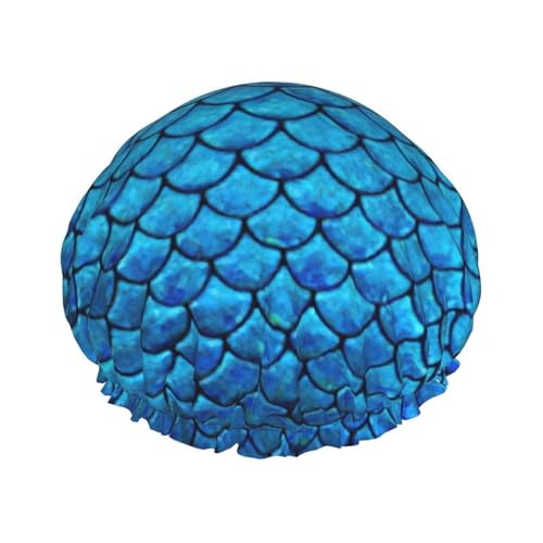 BBEXJIGY Blaue Fischschuppen-Druck-Doppelschicht-Duschhaube, wiederverwendbare Duschhauben für Damen und Herren von BBEXJIGY