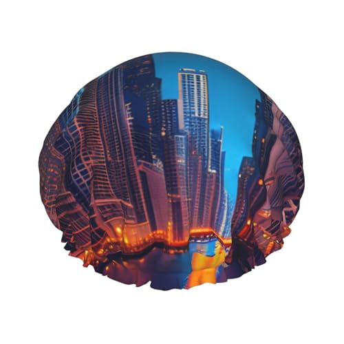 BBEXJIGY Chicago Night Print Doppellagige Duschhaube, wiederverwendbare Duschhauben für Damen und Herren von BBEXJIGY