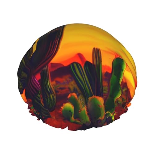 BBEXJIGY Doppelschichtige Duschhaube mit Kaktus in Wüstendruck, wiederverwendbare Duschhauben für Damen und Herren von BBEXJIGY