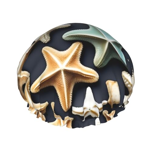 BBEXJIGY Doppelschichtige Duschhaube mit Muschel-Seestern-Druck, wiederverwendbare Duschhauben für Damen und Herren von BBEXJIGY