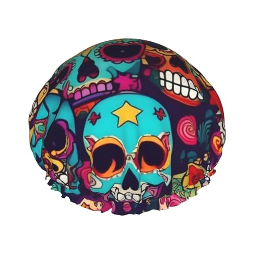 BBEXJIGY Doppelschichtige Duschhaube mit Totenkopf-Motiv, wiederverwendbare Duschhauben für Damen und Herren von BBEXJIGY