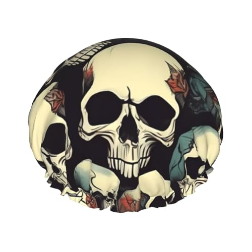BBEXJIGY Doppelschichtige Duschhaube mit Totenkopf-Skelett-Druck, wiederverwendbare Duschhauben für Damen und Herren von BBEXJIGY