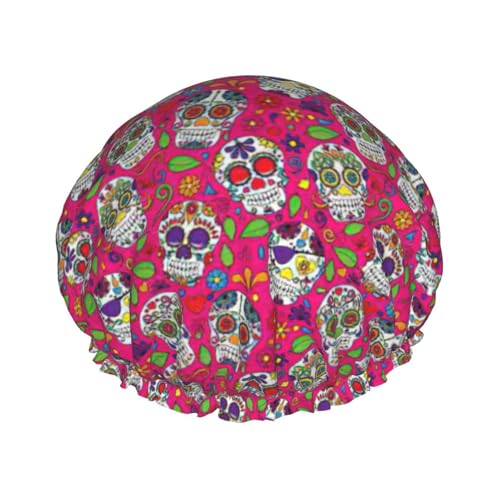 BBEXJIGY Doppelschichtige Duschhaube mit Totenkopf und grünen Blättern, wiederverwendbare Duschhauben für Damen und Herren von BBEXJIGY