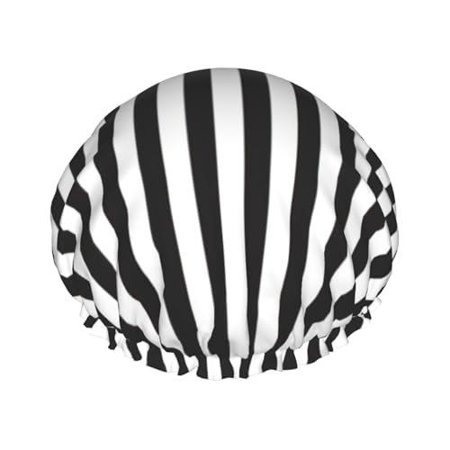 BBEXJIGY Doppelschichtige Duschhaube mit schwarz-weißem Streifendruck, wiederverwendbare Duschhauben für Damen und Herren von BBEXJIGY