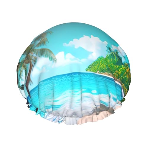 BBEXJIGY Doppelschichtige Duschhaube mit tropischem Ozean-Strand-Motiv, wiederverwendbar, für Damen und Herren von BBEXJIGY