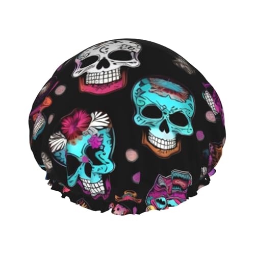 BBEXJIGY Sugar and Skulls Style Print Double Layer Shower Cap Reusable Shower Caps for Women Men von BBEXJIGY