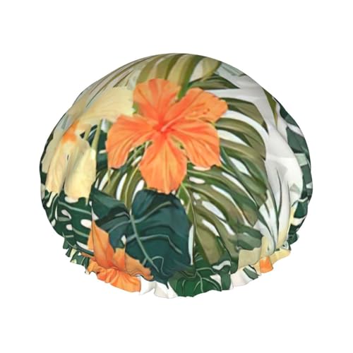 BBEXJIGY Vegetation Leaves with Hibiscus Flowers Print Double Layer Shower Cap Reusable Shower Caps for Women Men von BBEXJIGY