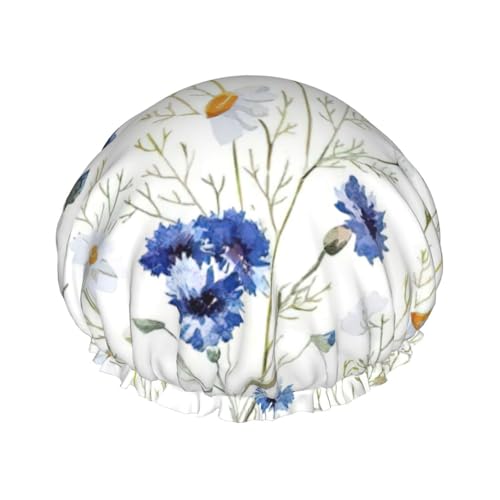 BBEXJIGY Wiederverwendbare zweilagige Duschhaube mit Wildblumen- und Kornblumendruck, für Damen und Herren von BBEXJIGY