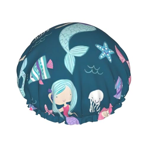 BBEXJIGY Wunderschöner Meerjungfrauen-Druck, doppellagig, Duschhaube, wiederverwendbare Duschhauben für Damen und Herren von BBEXJIGY
