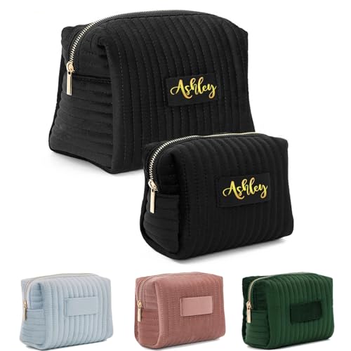 Personalisierte Kosmetiktasche Aus Samt, Individuell Bestickte Make-up-Tasche Mit Namen, Personalisierte Geschenke Für Frauen, Brautjungfern, Geburtstag(Black,S) von BBGDP