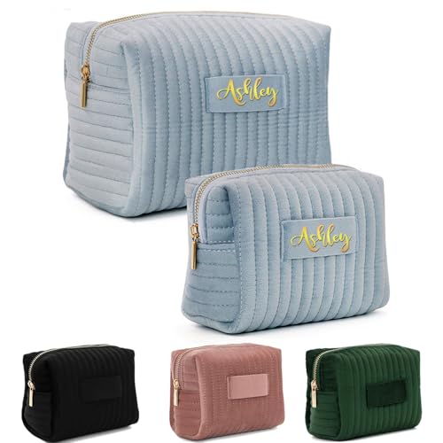 Personalisierte Kosmetiktasche Aus Samt, Individuell Bestickte Make-up-Tasche Mit Namen, Personalisierte Geschenke Für Frauen, Brautjungfern, Geburtstag(Blue,S) von BBGDP