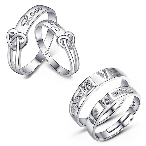 4 Stücke925 Sterling Silber RingeMänner für Damen Verstellbarer Verlobungsring Eheringe Glänzend Cubic Zirkonia Ring Fingerring Trauringe von BBHKKL