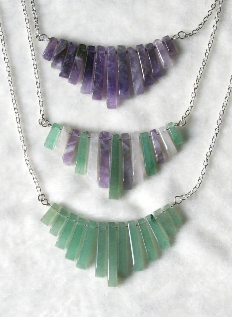 Abgestufte Edelstein Fan Halskette Amethyst, Aventurin, Quarz Abgestufte Edelstein Fan Halskette Amethyst, Aventurin, Quarz von BBJdesign