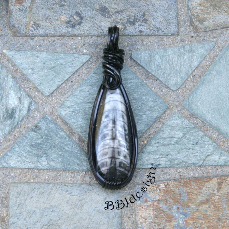 Orthoceras Fossil Gemstone Cabochon Pendant Halskette Black Wire Wrapped Teardrop Ooak Orthoceras Fossil Gemstone Cabochon Pendant Halskette Black Wire Wrapped Teardrop Ooak von BBJdesign