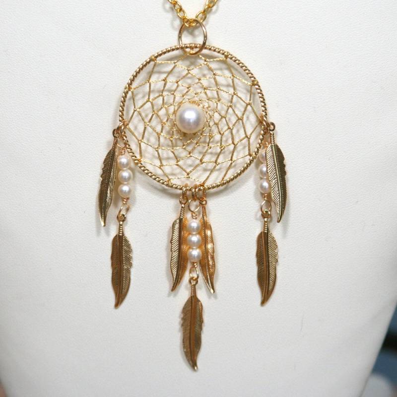 Traum Catcher Große Gold & Perle Dreamcatcher-Halskette Mit Federn Traum Catcher Große Gold & Perle Dreamcatcher-Halskette Mit Federn von BBJdesign