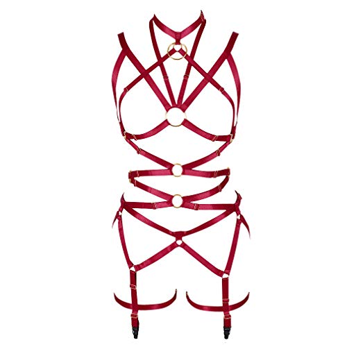 BBOHSS BBOHSS Damen Body Harness Set Karneval Strumpfgürtel Elastischer Hohltop BH Punk Gothic Fotografie Tanzkostüm 0013 Weinrot von BBOHSS