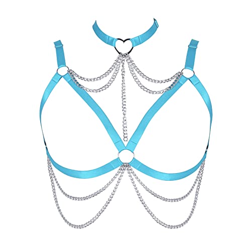 BBOHSS Damen Body Harness BH Plus Size Hohl Punk BH Gothic Karneval Weihnachten Halloween Party Tanz Kostüm, himmelblau, 90 von BBOHSS