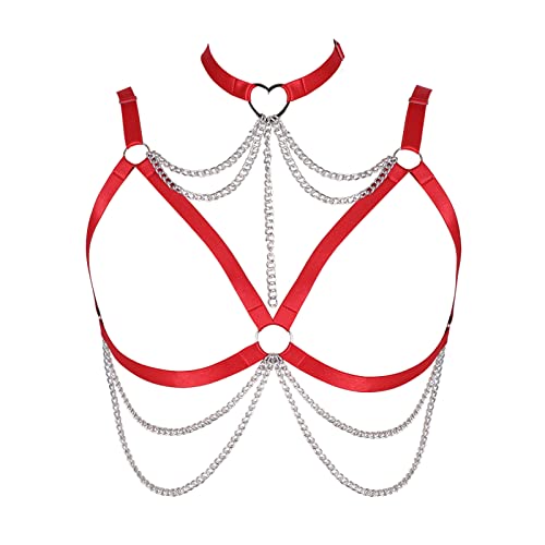 BBOHSS Damen Body Harness BH Plus Size Hohl Punk BH Gothic Karneval Weihnachten Halloween Party Tanz Kostüm, rot, 90 von BBOHSS