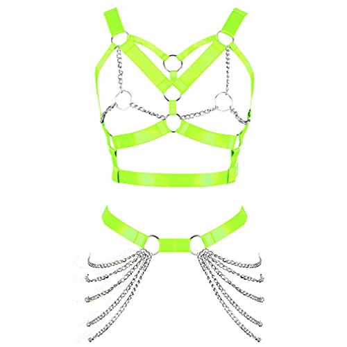 BBOHSS Damen Body Harness BH Punk Strumpfband Gürtel Elastisch Verstellbar Metallkette BH Tanz Karneval Gothic Kostüm Zubehör, leuchtend grün, Einheitsgröße von BBOHSS