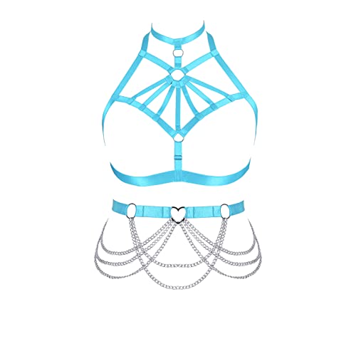 BBOHSS Damen Body Harness BH Set Mode Hohlstrümpfe Festival Anzug Strumpfgürtel Punk Gothic Weihnachten Halloween Kleidung (Himmelblau) von BBOHSS